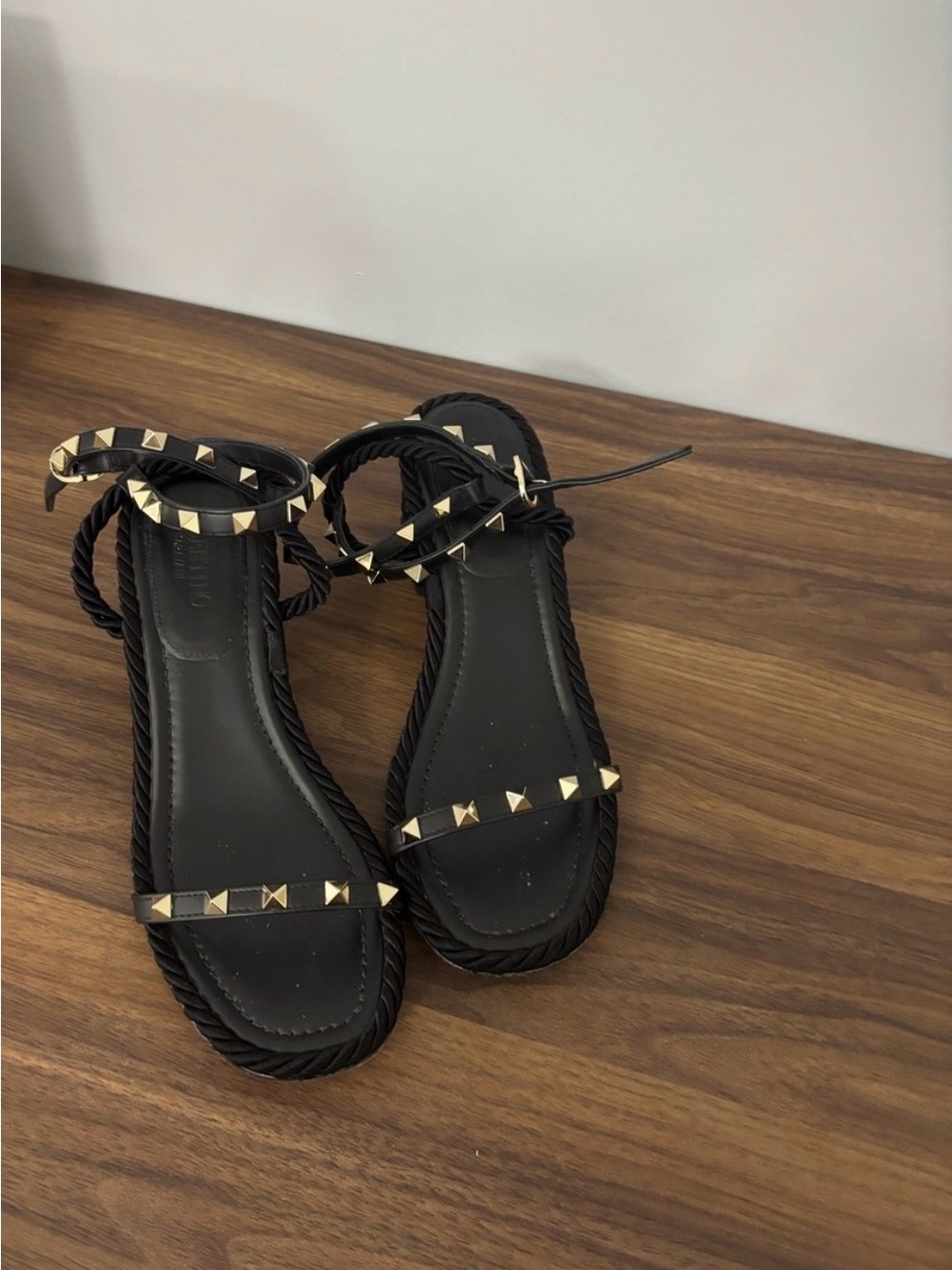 Valentino Garavani Black Leather Rope-Trim Sandals with Gold Studs Authentic
